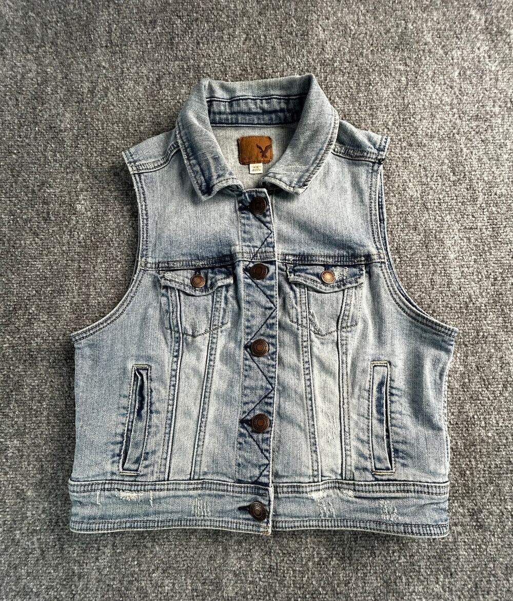 American Eagle Denim Vest Women's Medium Light Wash Stretch Jean Jacket - Picture 1 of 9